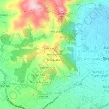 Mapa topográfico Finca Tibidabo, altitude, relevo