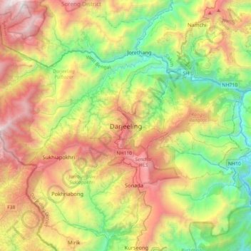Mapa topográfico Darjeeling, altitude, relevo