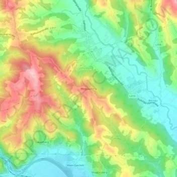 Mapa topográfico Muggauberg, altitude, relevo