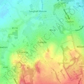 Mapa topográfico Greasby, altitude, relevo
