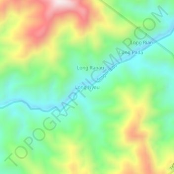 Mapa topográfico Long Nyau, altitude, relevo