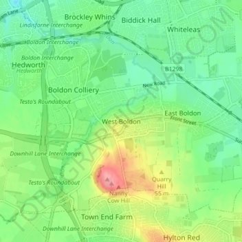 Mapa topográfico West Boldon, altitude, relevo