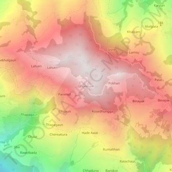 Mapa topográfico Ghodesain, altitude, relevo