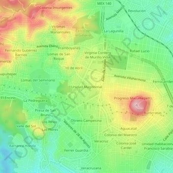 Mapa topográfico Unidad Magisterial, altitude, relevo