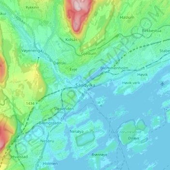 Mapa topográfico Sandvika, altitude, relevo