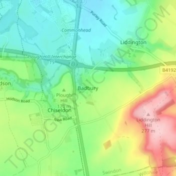 Mapa topográfico Badbury, altitude, relevo