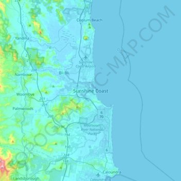 Mapa topográfico Sunshine Coast, altitude, relevo