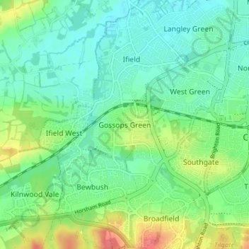 Mapa topográfico Gossops Green, altitude, relevo