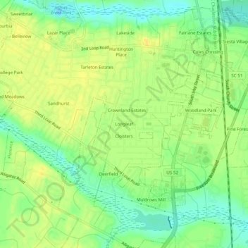 Mapa topográfico Longleaf, altitude, relevo