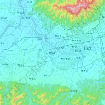 Mapa topográfico 婺城区, altitude, relevo