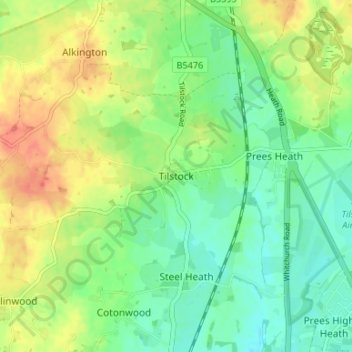 Mapa topográfico Tilstock, altitude, relevo