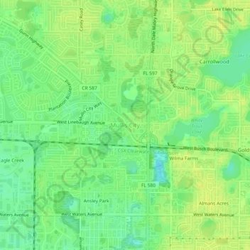 Mapa topográfico Mullis City, altitude, relevo