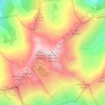 Mapa topográfico Monte Rotondo, altitude, relevo