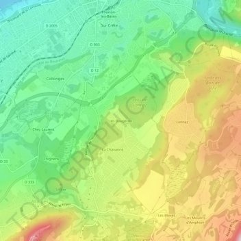 Mapa topográfico Les Bougeries, altitude, relevo