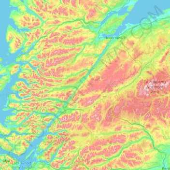Mapa topográfico Inverness-shire, altitude, relevo