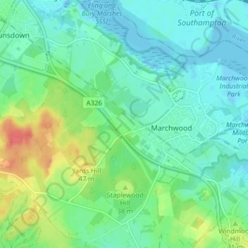 Mapa topográfico Pooksgreen, altitude, relevo