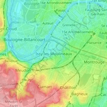 Mapa topográfico Issy-les-Moulineaux, altitude, relevo