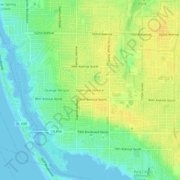 Mapa topográfico Oakhurst Terrace, altitude, relevo