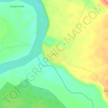 Mapa topográfico Poyeni, altitude, relevo