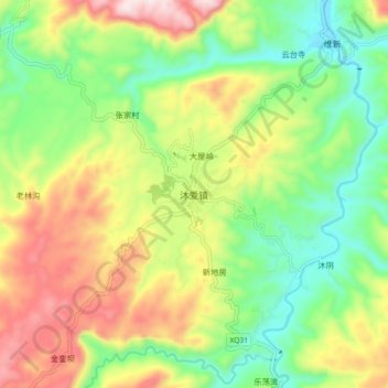 Mapa topográfico 沐爱镇, altitude, relevo