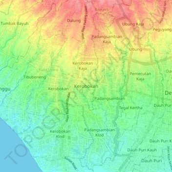 Mapa topográfico Kerobokan, altitude, relevo