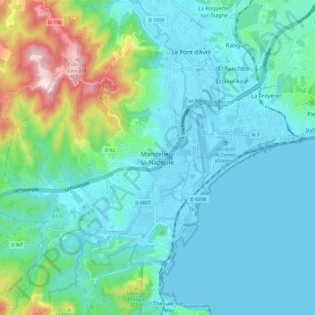 Mapa topográfico Mandelieu-la-Napoule, altitude, relevo