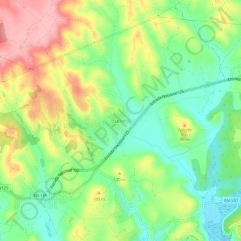 Mapa topográfico Budens, altitude, relevo