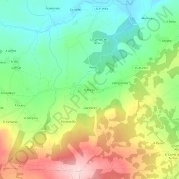 Mapa topográfico O Burgo, altitude, relevo