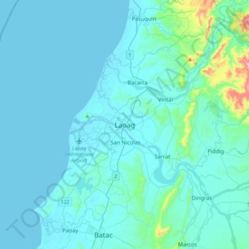 Mapa topográfico Laoag, altitude, relevo