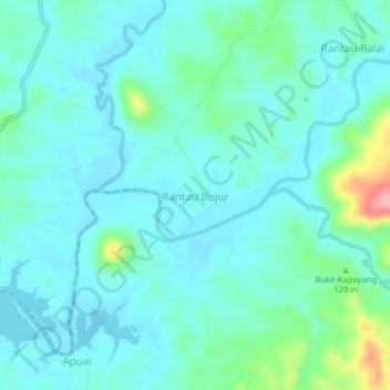 Mapa topográfico Rantau Bujur, altitude, relevo