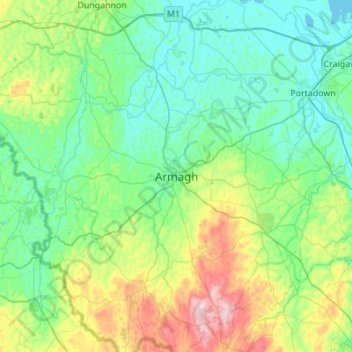 Mapa topográfico Armagh, altitude, relevo