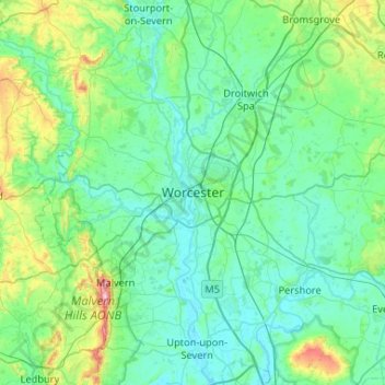 Mapa topográfico Worcester, altitude, relevo