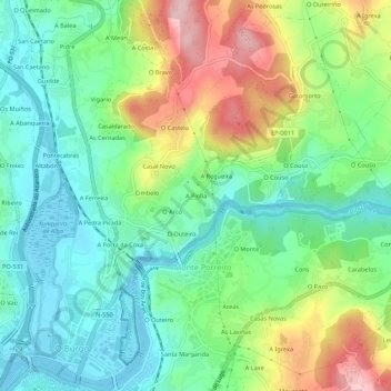 Mapa topográfico A Piolla, altitude, relevo