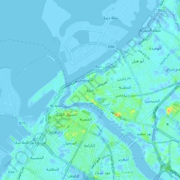 Mapa topográfico ديرة, altitude, relevo