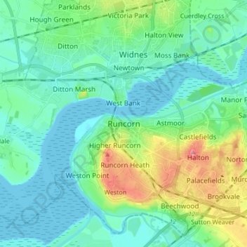 Mapa topográfico Runcorn, altitude, relevo