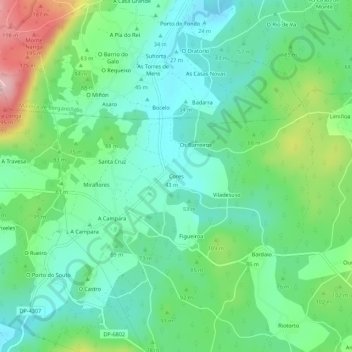 Mapa topográfico Cores, altitude, relevo