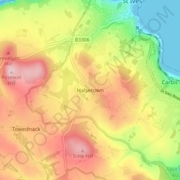 Mapa topográfico Halsetown, altitude, relevo
