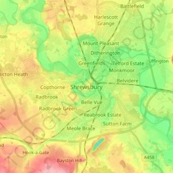 Mapa topográfico Shrewsbury, altitude, relevo