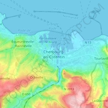 Mapa topográfico Cherbourg, altitude, relevo