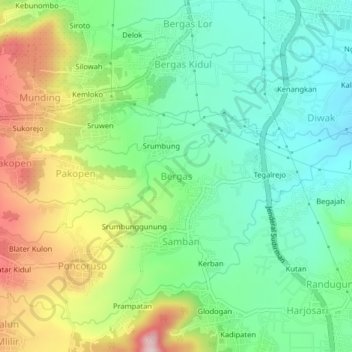 Mapa topográfico Bergas, altitude, relevo