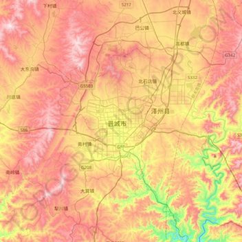 Mapa topográfico 晋城市, altitude, relevo
