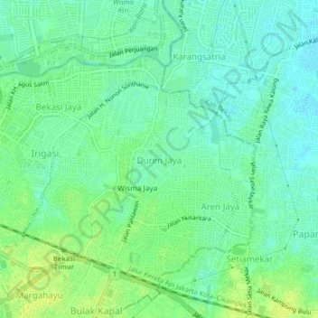 Mapa topográfico Duren Jaya, altitude, relevo