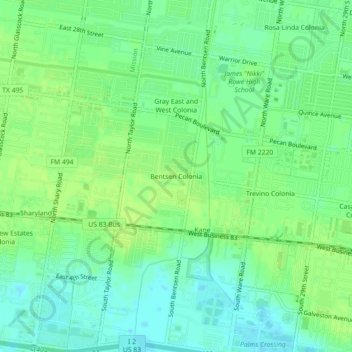 Mapa topográfico Bentsen Colonia, altitude, relevo