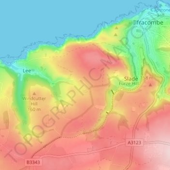 Mapa topográfico Lincombe, altitude, relevo
