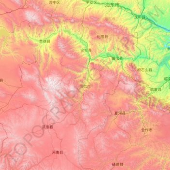 Mapa topográfico 黄南州, altitude, relevo