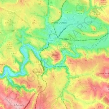 Mapa topográfico Rodez, altitude, relevo