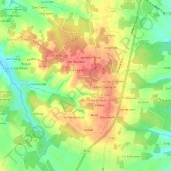 Mapa topográfico Chez Pacraud, altitude, relevo