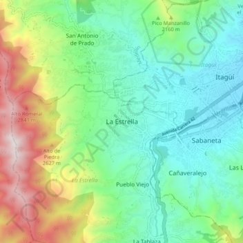 Mapa topográfico La Estrella, altitude, relevo