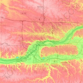 Mapa topográfico Davenport, altitude, relevo