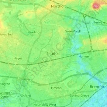 Mapa topográfico Southall, altitude, relevo